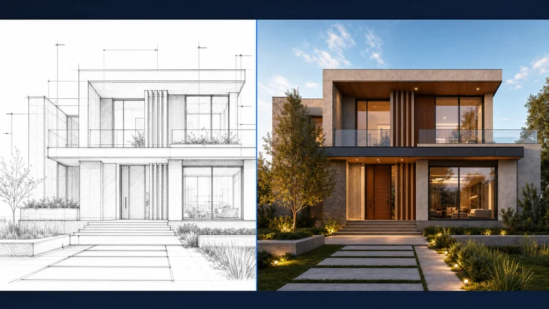 Split vertical: architectural sketch on left, photorealistic render on right — same facade, same proportions