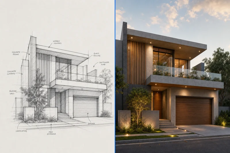 Before and after: pencil sketch to photorealistic render of a modern residential facade in 30 seconds